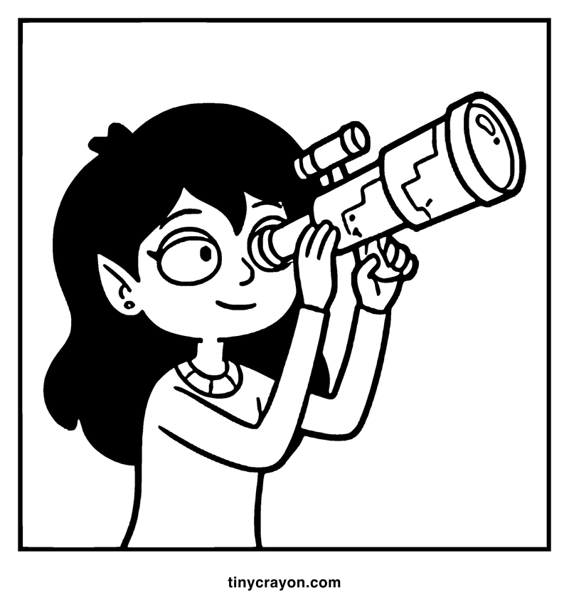 A girl with glasses and an earring is looking through a telescope, with a curious expression on her face, a lesbian space princess coloring page