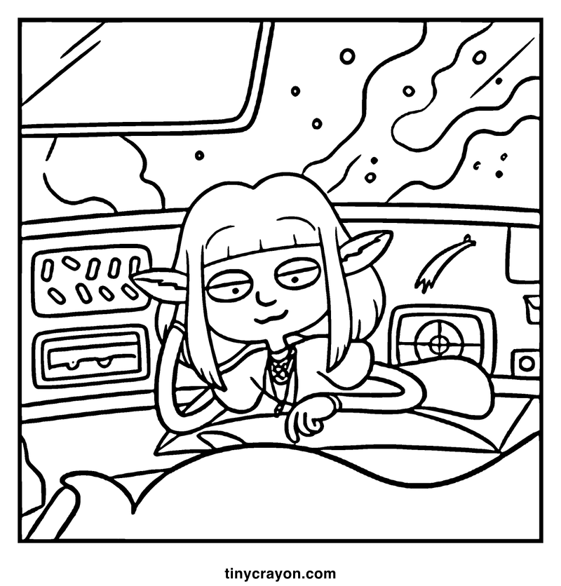 A girl with long hair and pointed ears is sitting in a spaceship, smiling and looking out the window, a lesbian space princess coloring page