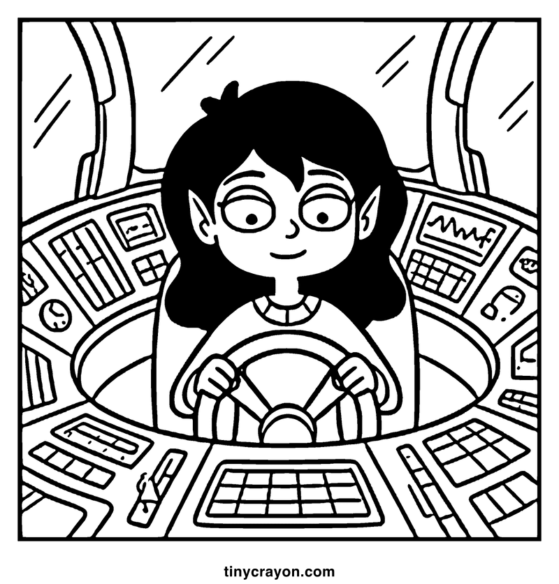 A girl with long hair and pointed ears sits behind the wheel of a futuristic vehicle, smiling confidently, a lesbian space princess coloring page