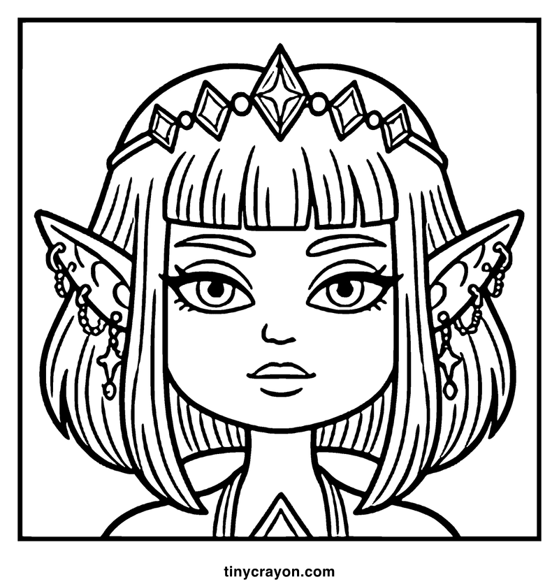 A girl with pointed ears, a crown, and a star-shaped pendant on her hair, a lesbian space princess coloring page