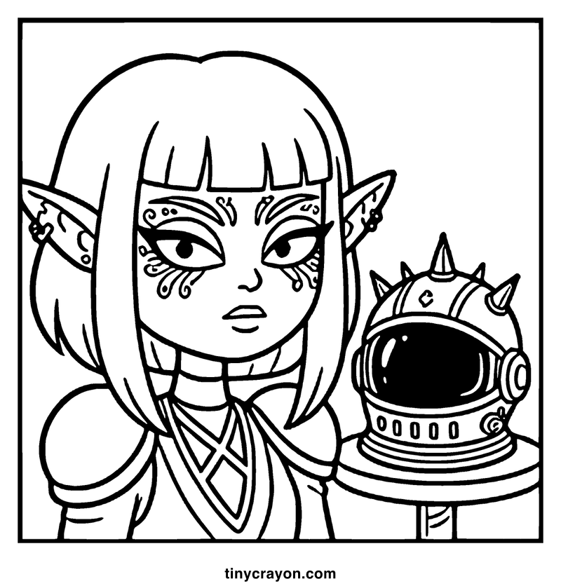 A girl with pointed ears holds a space helmet, a lesbian space princess coloring page