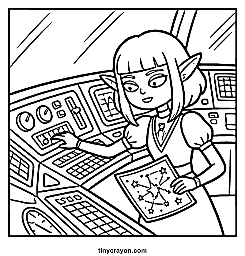 A girl with pointed ears is operating a futuristic control panel, a lesbian space princess coloring page