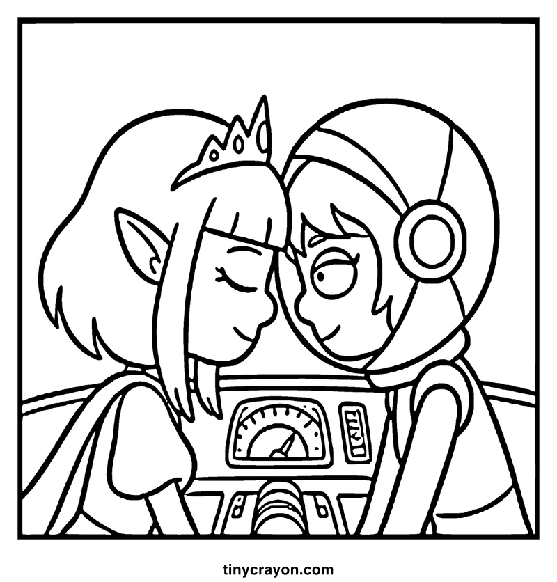 A princess and an astronaut are kissing in a spaceship cockpit, a lesbian space princess coloring page