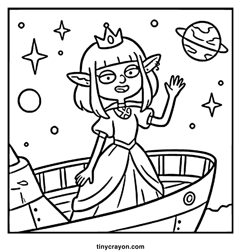 A princess in a boat waves at a planet and stars in space, a lesbian space princess coloring page