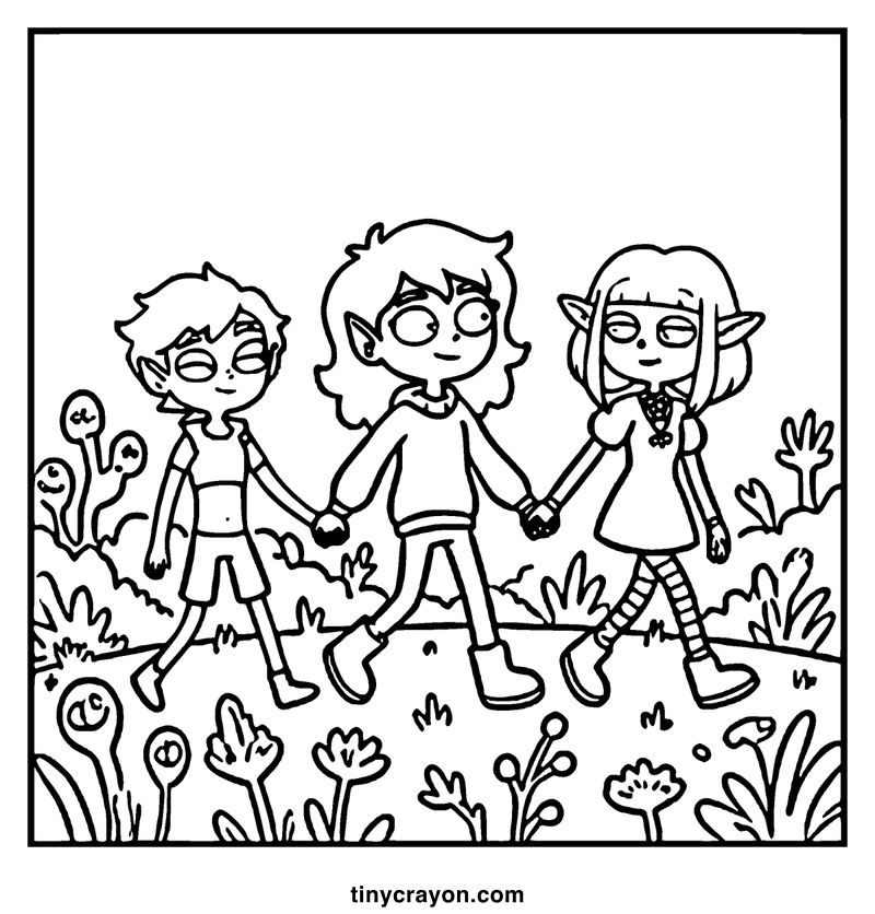 Three children holding hands in a whimsical garden with various plants and flowers, a lesbian space princess coloring page