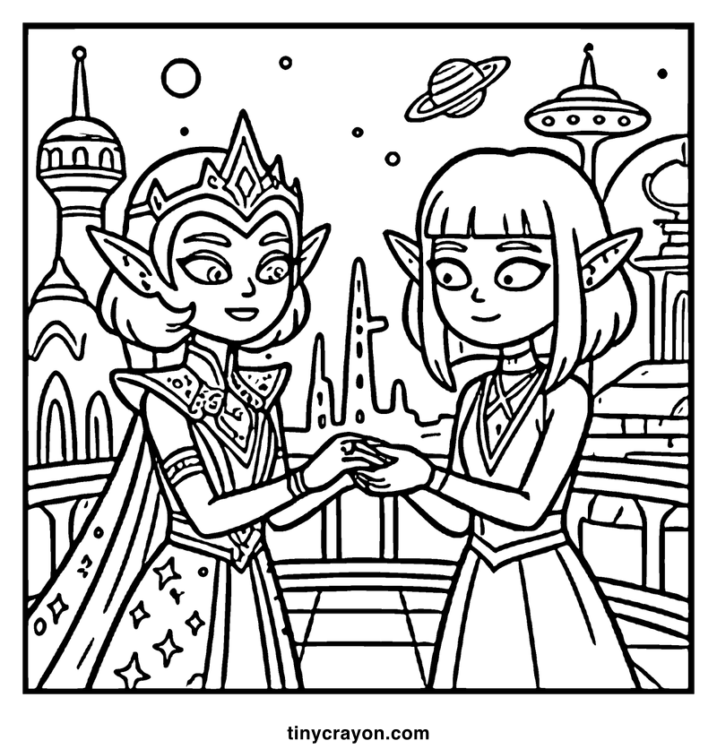 Two alien characters are holding hands in a futuristic cityscape with a UFO and planets in the background, a lesbian space princess coloring page
