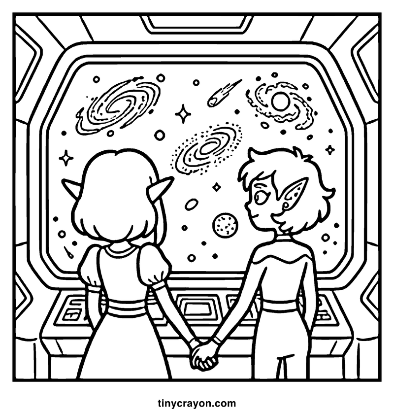 Two alien characters are holding hands in a spaceship, looking at the starry space through a window, a lesbian space princess coloring page