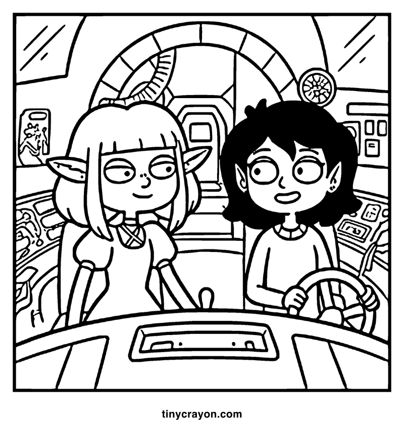 Two characters inside a spaceship cockpit, one with pointy ears, the other with a surprised expression, surrounded by various controls and screens, a lesbian space princess coloring page
