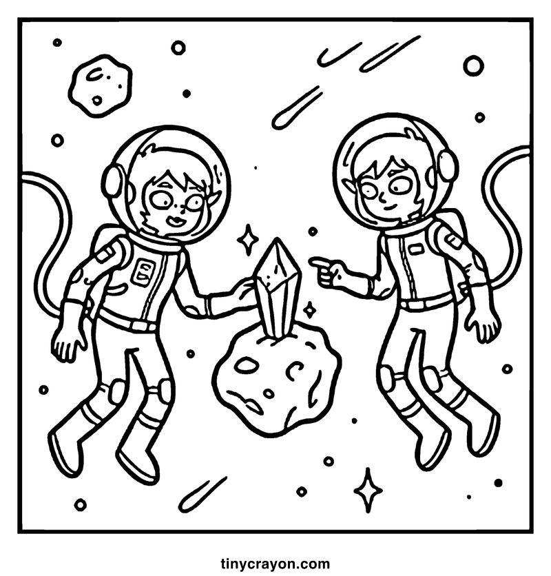 Two children in space suits exploring an asteroid field, a lesbian space princess coloring page