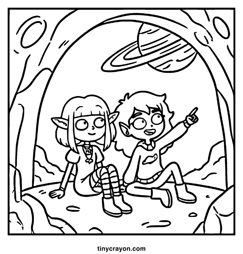 Two children, one pointing, sit on a rocky surface with a planet and a UFO in the background, a lesbian space princess coloring page