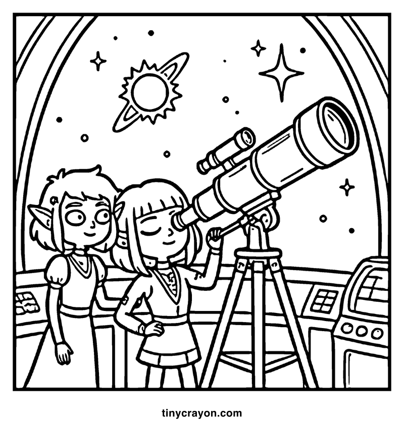 Two children, one with pointed ears, are looking through a telescope at a starry sky with a sun and planets, a lesbian space princess coloring page