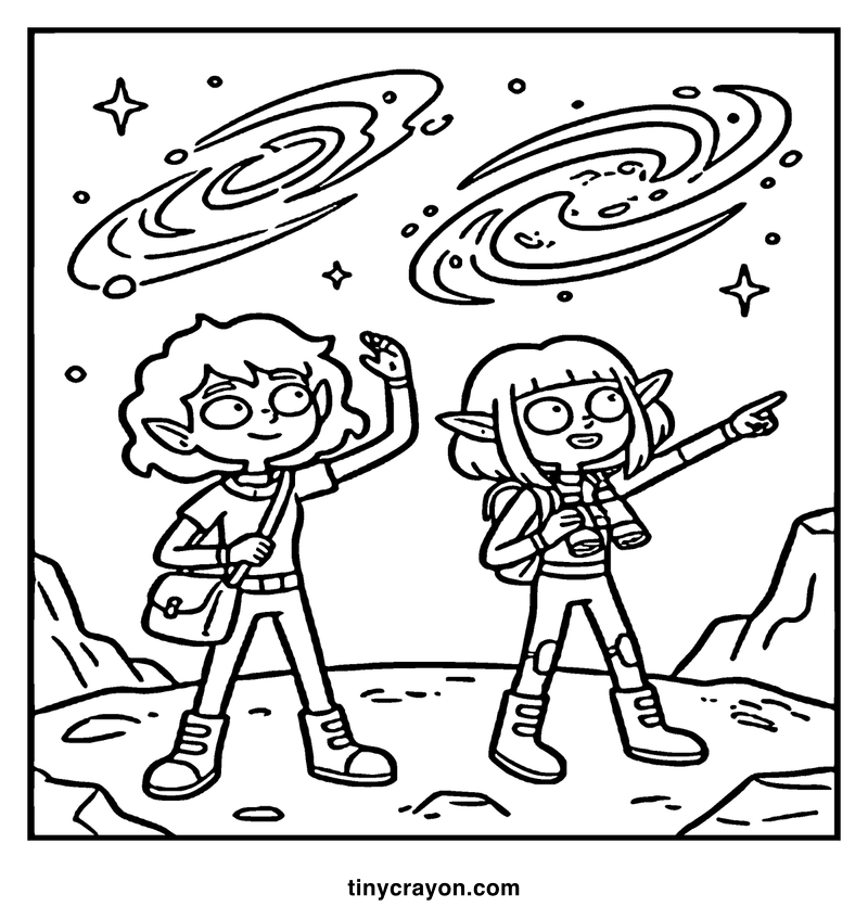 Two children with pointed ears are exploring space, pointing at two flying saucers, a lesbian space princess coloring page