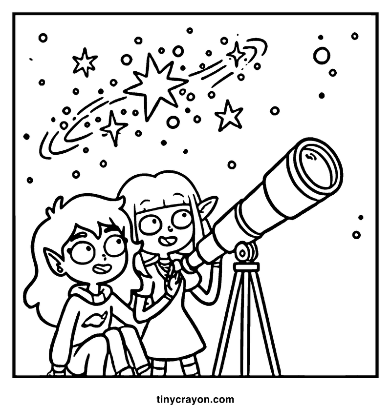 Two children with pointed ears are looking through a telescope at a shooting star in the night sky, a lesbian space princess coloring page