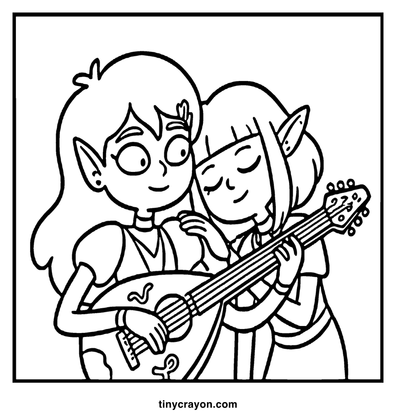 Two elf-like characters are playing a lute together, with one character resting their head on the other's shoulder, a lesbian space princess coloring page
