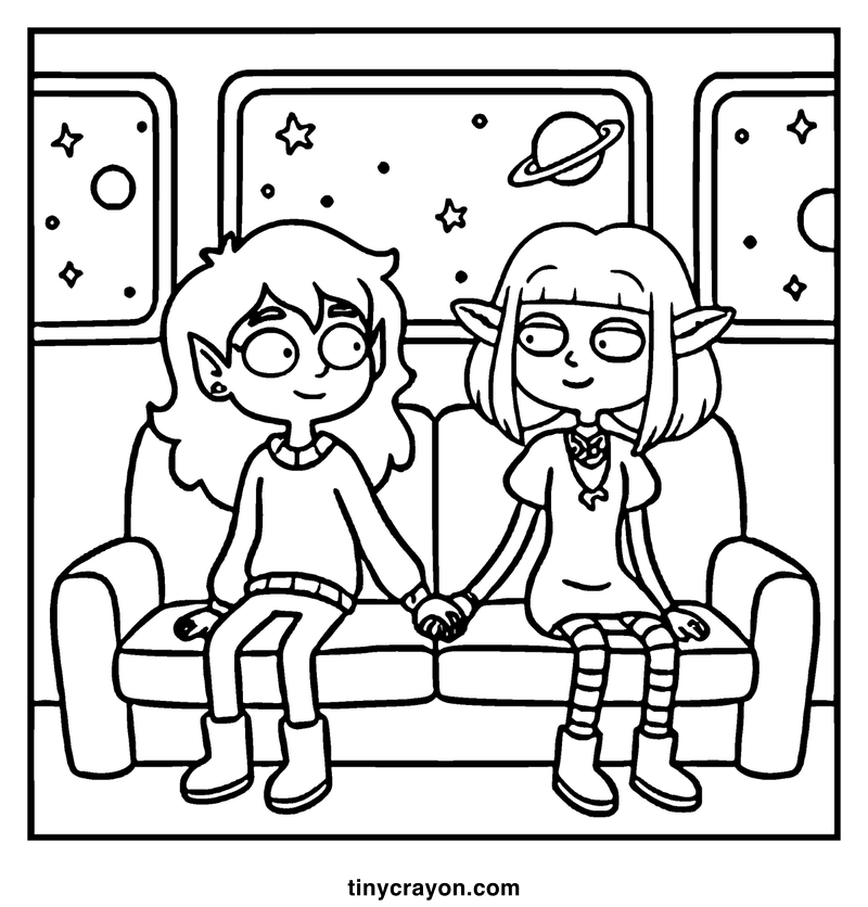 Two elf-like characters are sitting on a couch, holding hands, with a space-themed background featuring stars, planets, and moons, a lesbian space princess coloring page