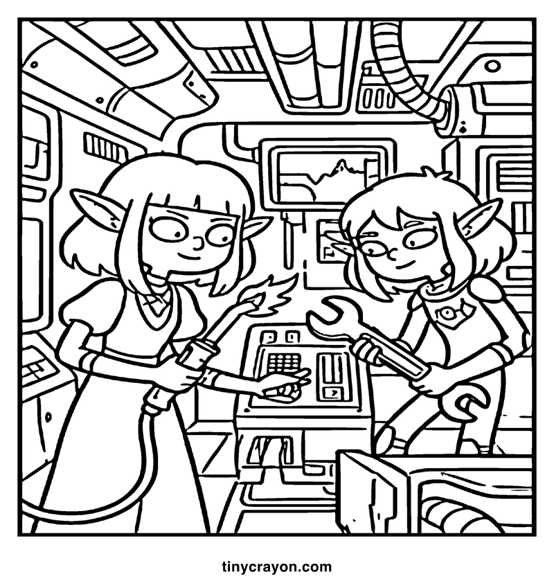 Two elf-like characters in a futuristic spaceship cockpit, one using a computer, the other holding a wrench, a lesbian space princess coloring page
