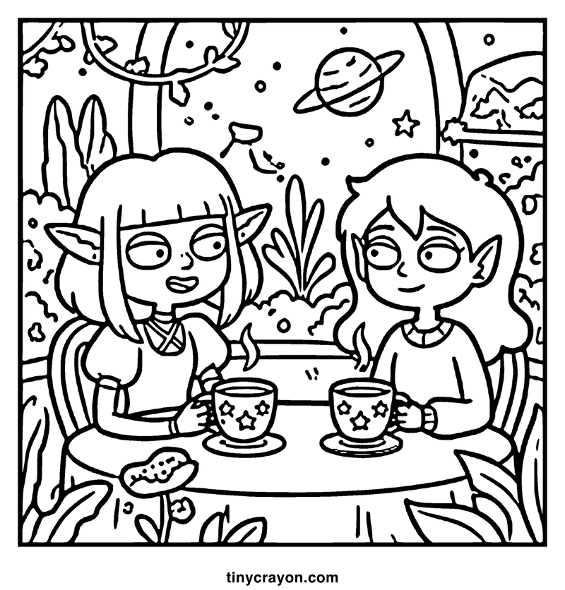 Two elf-like children sit at a table, each holding a steaming mug, with a planet and stars in the background, a lesbian space princess coloring page