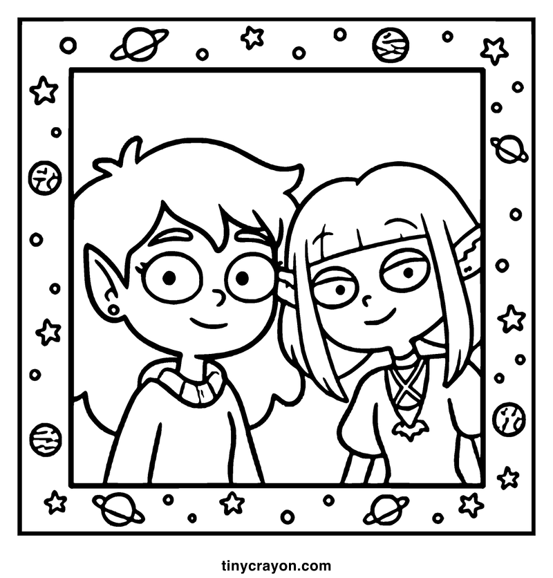 Two elves stand in a space-themed frame with planets and stars, a lesbian space princess coloring page