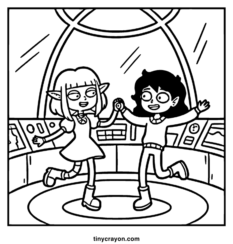 Two young elves dance inside a spaceship cockpit, a lesbian space princess coloring page