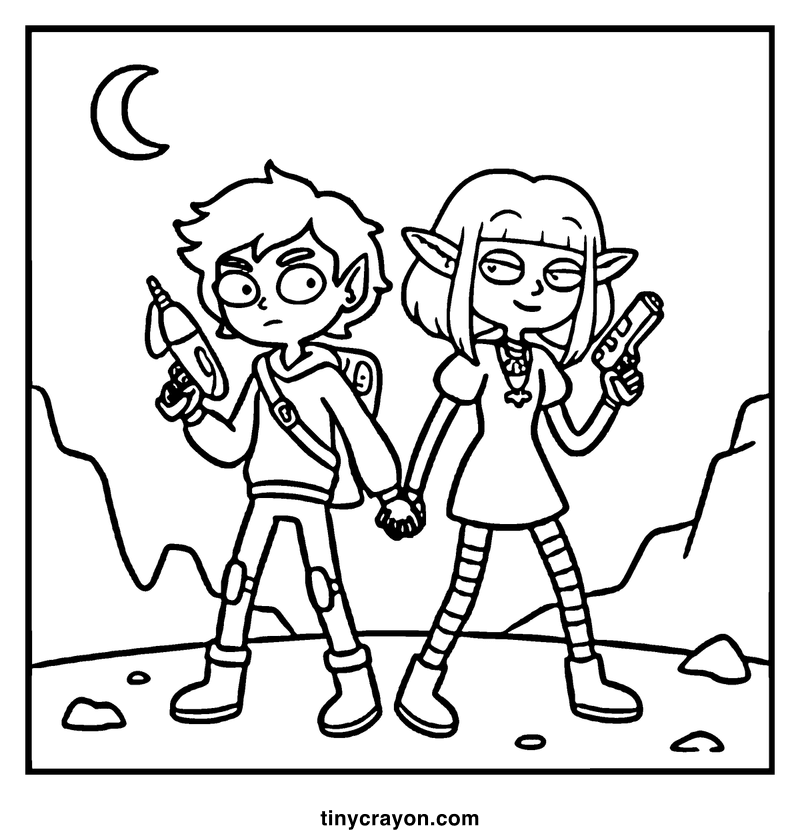Two young elves hold ray guns in a rocky, moonlit landscape, a lesbian space princess coloring page
