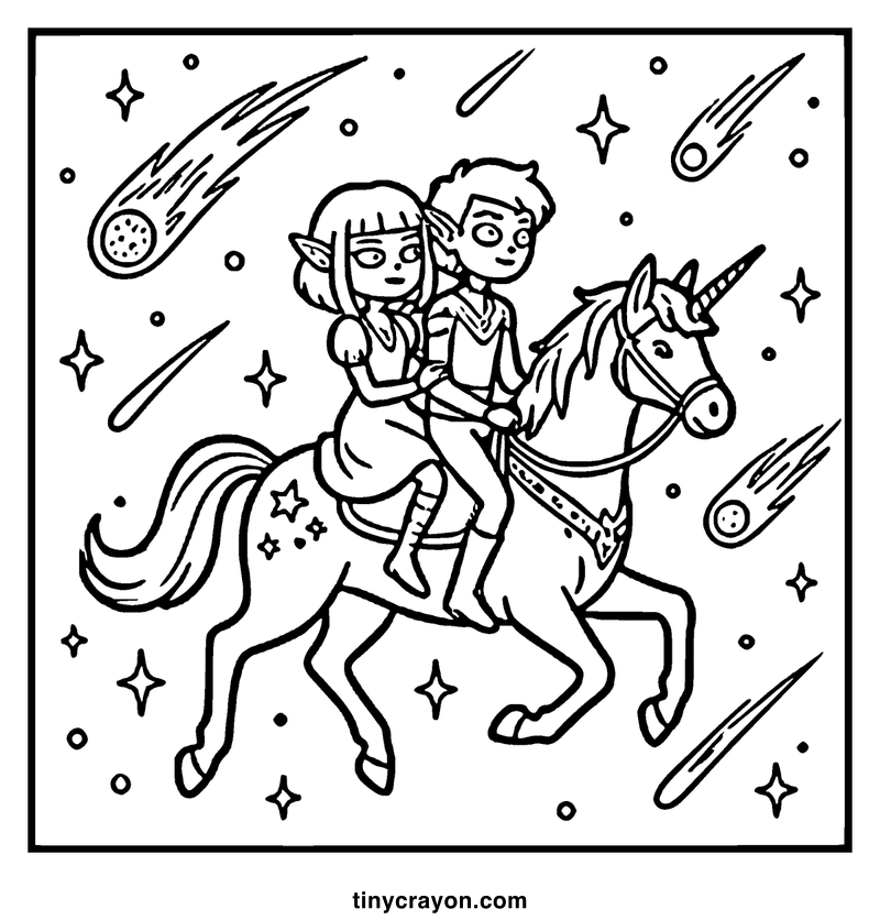 Two young elves ride a unicorn in outer space, surrounded by comets and stars, a lesbian space princess coloring page