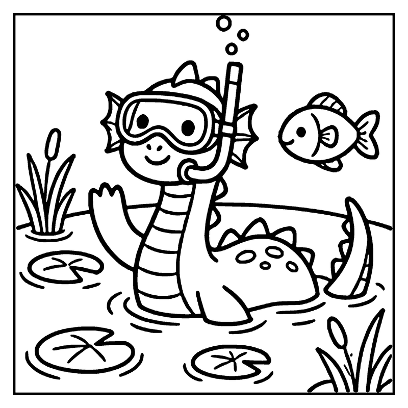 A cartoon dragon wearing a snorkel swims in a pond with lily pads and a fish nearby, a monster coloring page