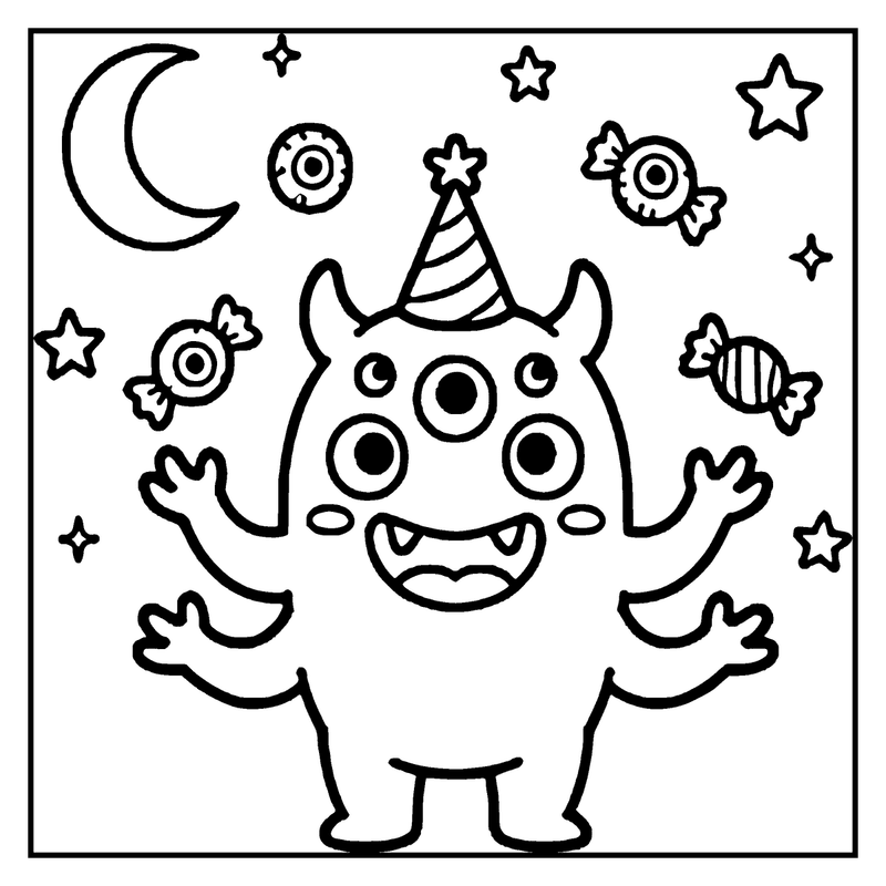 A cheerful monster with a party hat is surrounded by stars, a moon, and candy