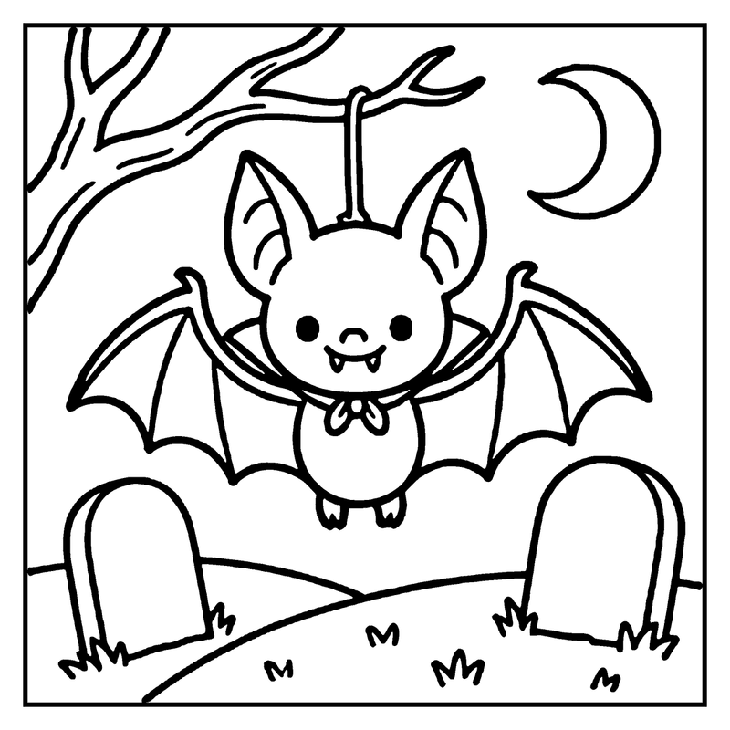 A cute bat is hanging upside down from a tree branch, with a crescent moon in the background, a monster coloring page