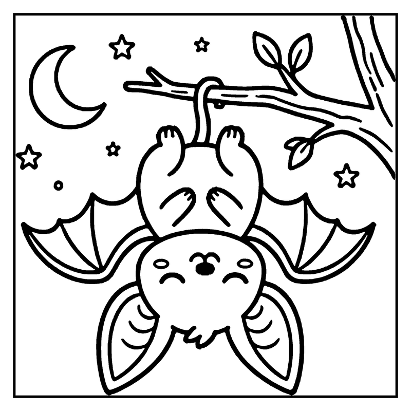 A cute bat is hanging upside down from a tree branch, surrounded by stars and a crescent moon, a monster coloring page
