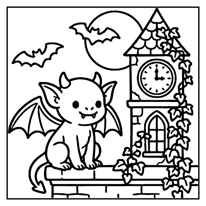 A cute bat sits on a clock tower, with a moon and bats in the background, a monster coloring page
