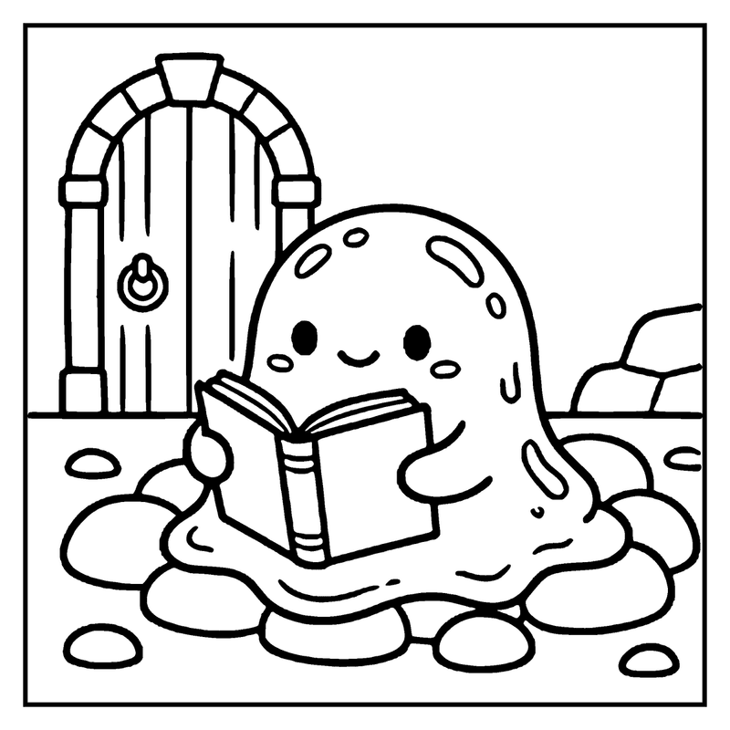 A cute, blob-like creature is happily reading a book in front of a wooden door with a circular doorbell, a monster coloring page
