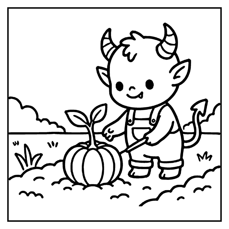 A cute devil child planting a pumpkin seed in a garden, a monster coloring page
