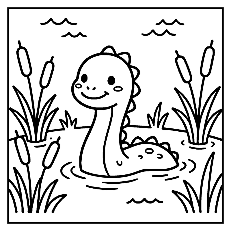 A cute dinosaur is swimming in a pond with tall reeds and small waves in the background, a monster coloring page