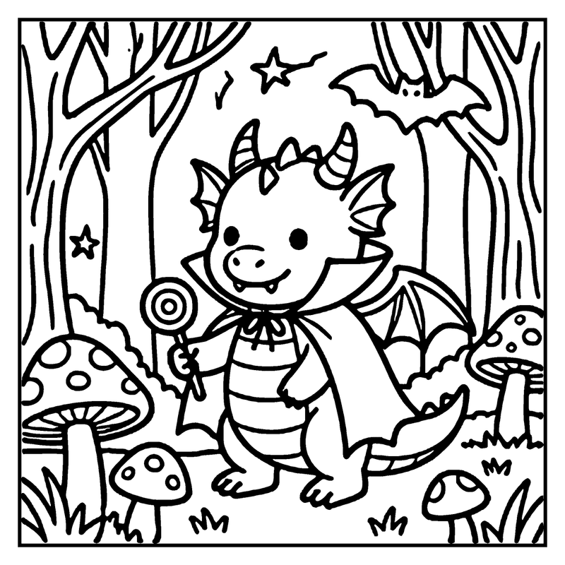 A cute dragon holding a lollipop in a forest with mushrooms and bats flying, a monster coloring page