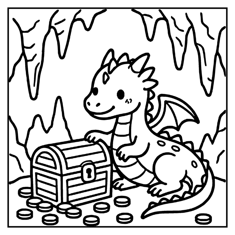 A cute dragon is happily peeking out from a treasure chest, surrounded by coins and a cave with stalactites, a monster coloring page