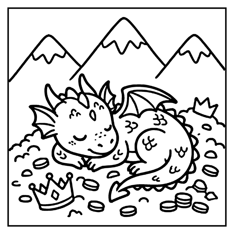 A cute dragon lies on coins with crowns, surrounded by snowy mountains, a monster coloring page