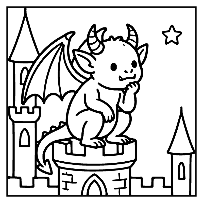 A cute dragon sits on a castle tower, thinking with its hand, under a starry night sky, a monster coloring page