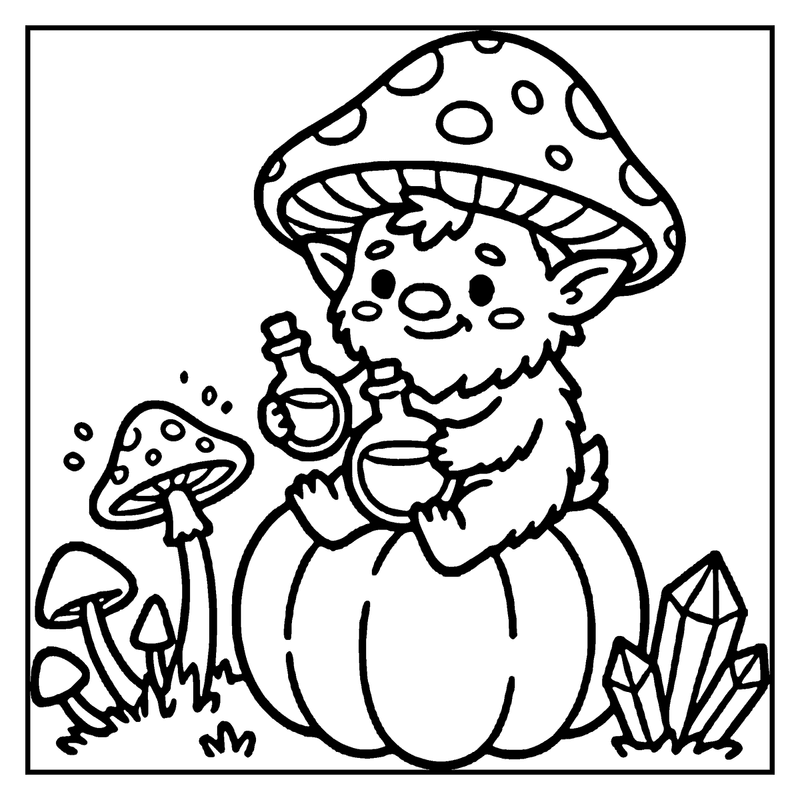 A cute, fluffy creature sits on a mushroom, holding a potion bottle, surrounded by more mushrooms and a crystal, a monster coloring page