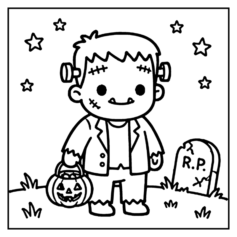 A cute Frankenstein monster holding a pumpkin lantern, standing next to a gravestone with "R.P." on it, surrounded by stars