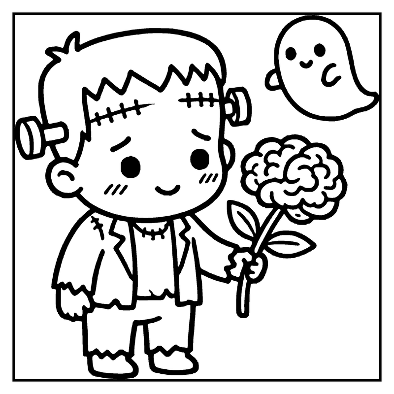 A cute Frankenstein monster holds a brain flower, while a ghost floats nearby