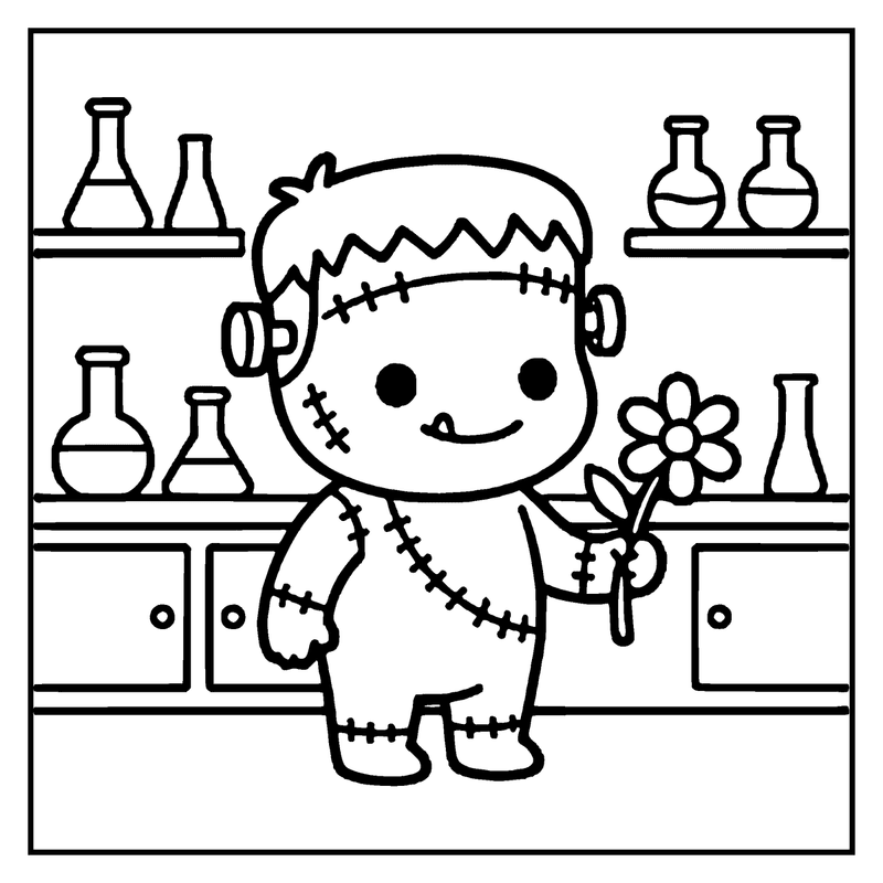 A cute Frankenstein monster holds a flower, standing in a lab with shelves of beakers