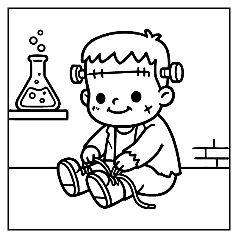 A cute Frankenstein monster sits happily, wearing goggles and a lab coat, with a bubbling potion in a flask beside him