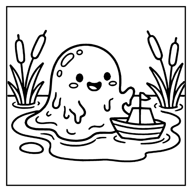A cute ghost floats in a pond, smiling, with a boat nearby and cattails in the background