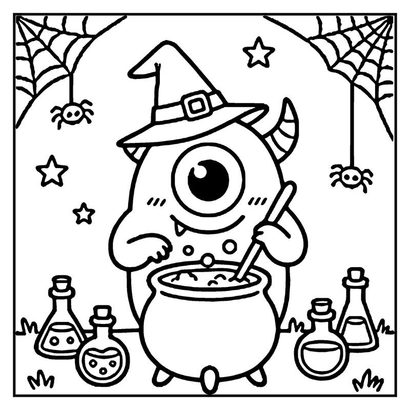 A cute monster wearing a witch hat stirs a potion in a cauldron surrounded by spider webs, stars, and potion bottles