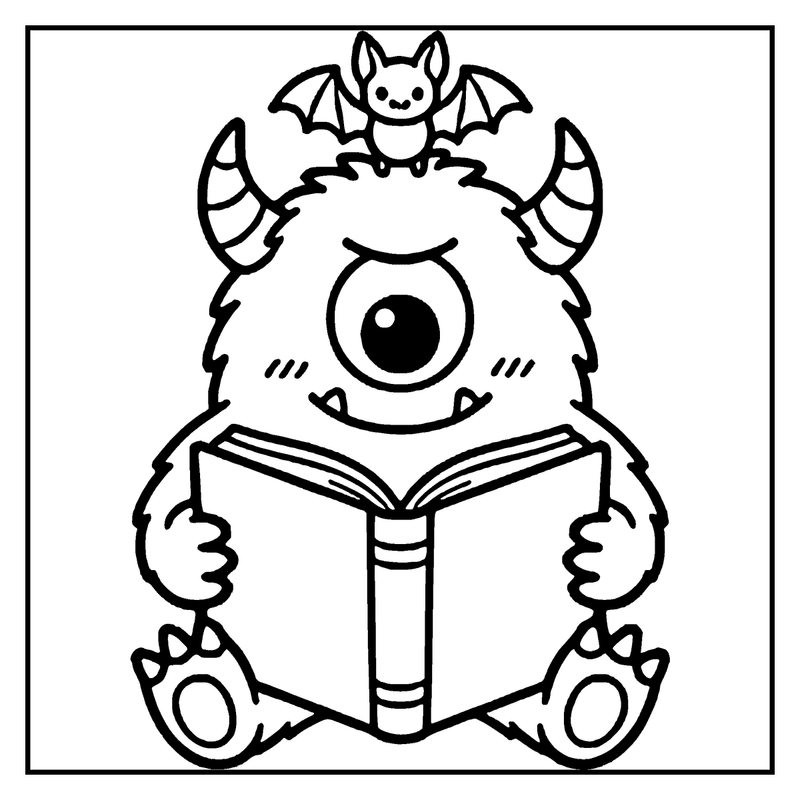 A cute monster with a single eye, horns, and bat wings reads a book