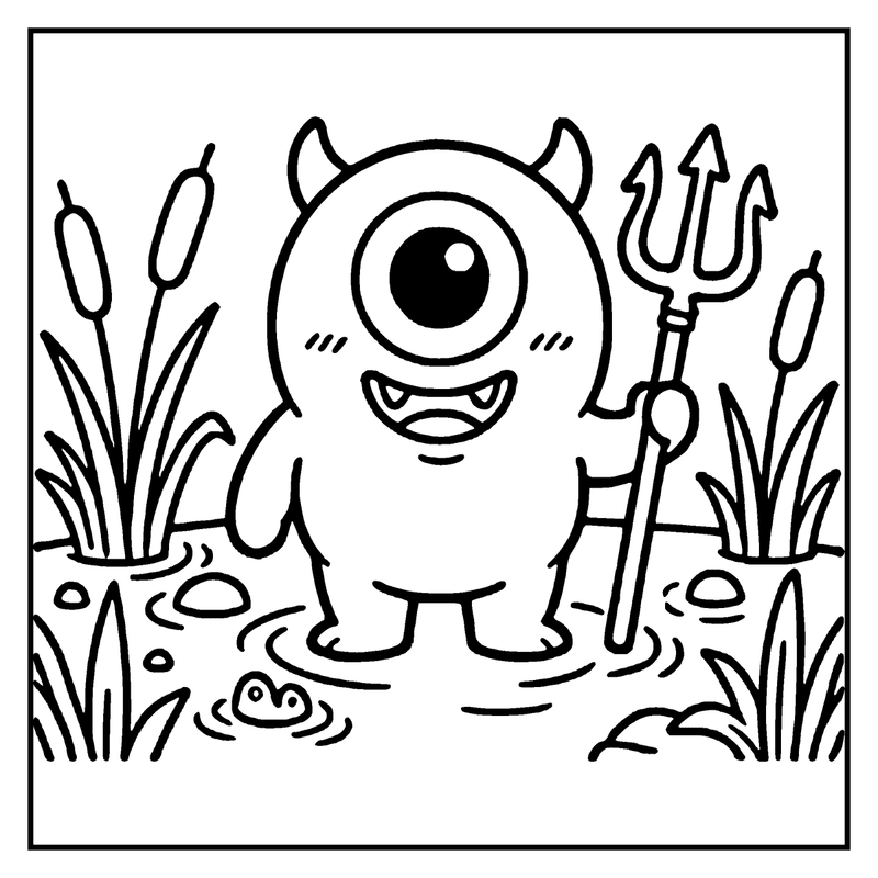 A cute monster with one eye and horns stands in a pond, holding a pitchfork, surrounded by cattails and grass