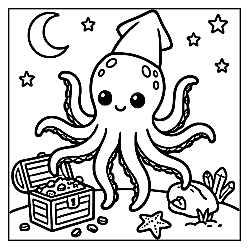 A cute octopus with a chef's hat is opening a treasure chest on a beach under a crescent moon and stars, a monster coloring page