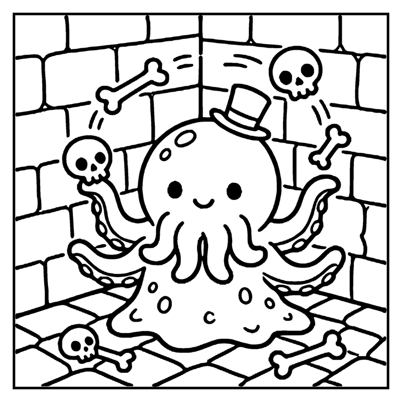 A cute octopus with a top hat is dancing in a graveyard with bones and skulls, a monster coloring page
