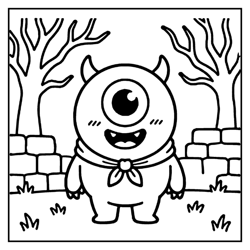A cute, one-eyed monster stands in front of a stone wall, with leafless trees in the background