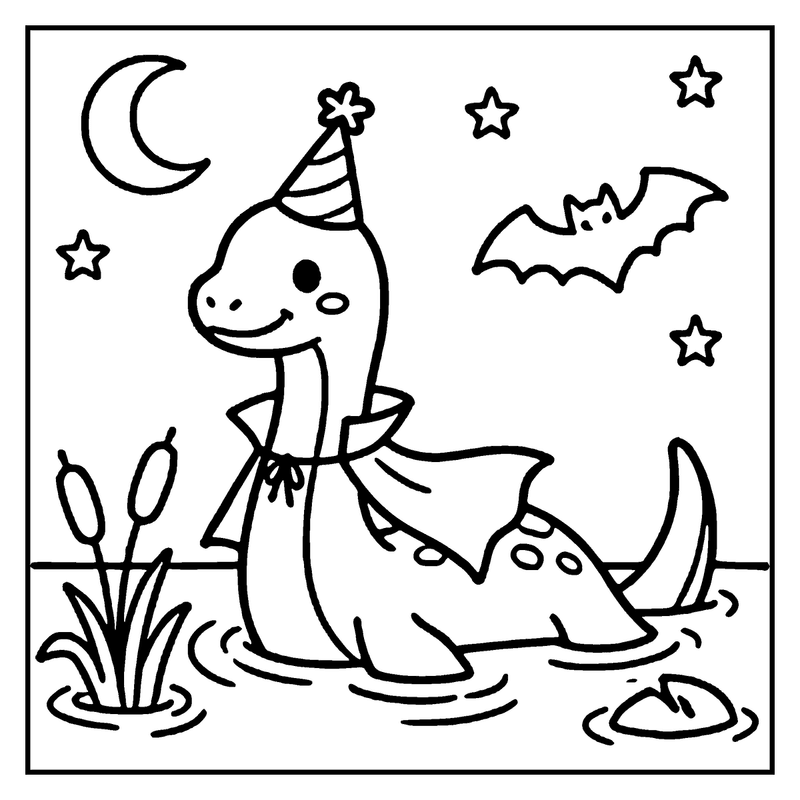A dinosaur in a party hat and cape floats in water, surrounded by stars and a bat, a monster coloring page